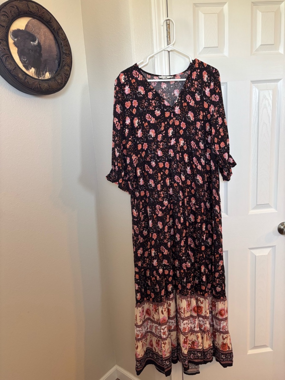 NATURAL LIFE Black Maxi Dress with Pink Floral Print and Cream Border